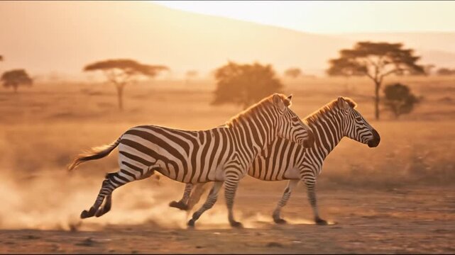 Two striped zebras gallop over dusty savanna at sunset; distant acacia silhouettes dot the horizon.