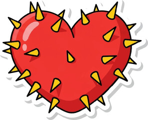 A stylized red heart covered in sharp yellow spikes, depicted as a cartoon sticker with a white outline