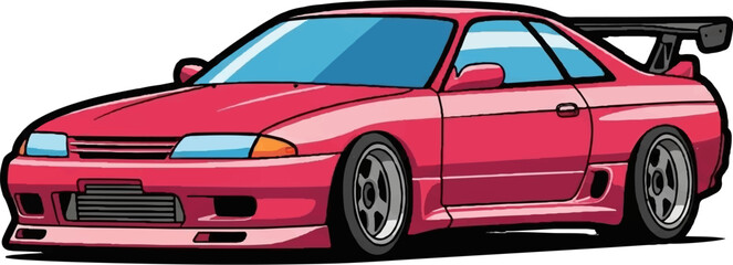 A stylized red sports car with a large spoiler and tinted windows