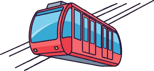 A stylized red tram or cable car travels along angled tracks with blue windows and a gray base © iskandar