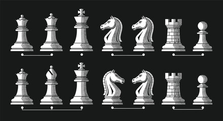 Set of vintage style chess pieces including king queen and knight with engraving shading vector illustration on black © Sahed