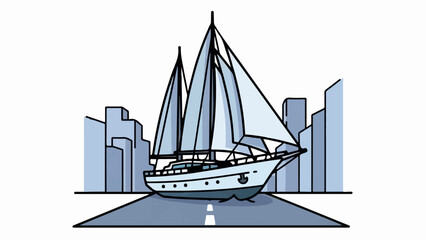 A stylized sailboat glides down a road past abstract buildings