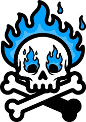 A stylized skull with crossed bones beneath and bright blue flames engulfing its eye sockets and head