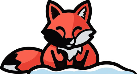 A stylized, smiling fox with bright orange fur and black accents
