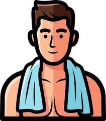 A stylized, smiling man with brown hair and a light blue towel draped over his shoulders