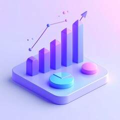 3D Business Analytics Illustration Showing Growth Charts, Bar Graphs and Upward Arrow in Modern Style