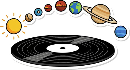 A stylized solar system orbits a vinyl record