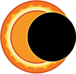 A stylized solar eclipse graphic with a bright orange sun haloing a dark black moon