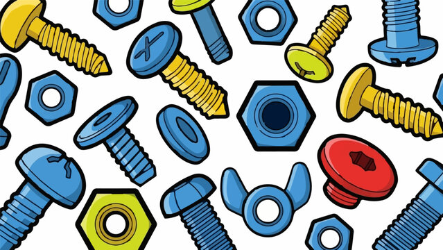 A vibrant seamless pattern of various cartoon-style screws, nuts, and washers on a clean white background