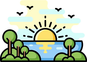 A stylized sunrise over water with trees and birds in a flat design