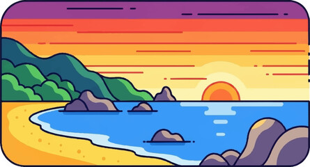 A stylized sunset over a calm ocean with a sandy beach and rocky outcroppings