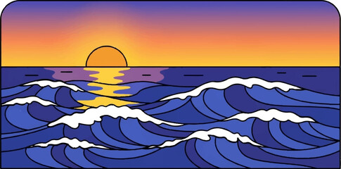 A stylized sunset over crashing blue waves reflects golden light on the water's surface