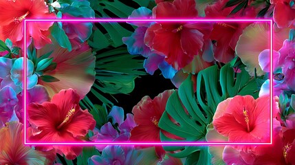 Vibrant Neon Frame With Tropical Flowers And Leaves image photo