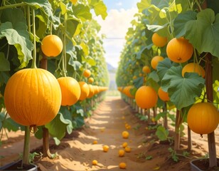 Orchard rows filled with ripe, orange, spherical fruits suspended from vertical supports beneath a sunlit, leafy canopy