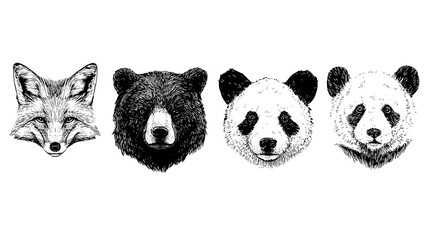 Obraz premium A black and white illustration of four animal faces including a fox, bear, and two pandas.