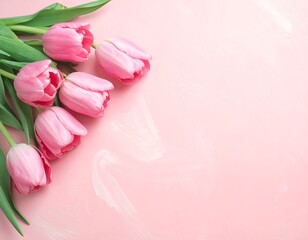 Obraz premium Overhead shot of six pink tulips with green stems, arranged on the left side against a light pink background
