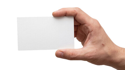 Obraz premium Male Hand Holding Blank White Business Card Mockup on White Background