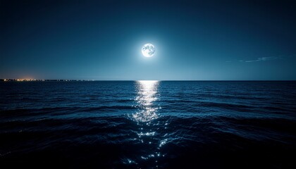 月夜の海にきらめく遠景の街明かり背景