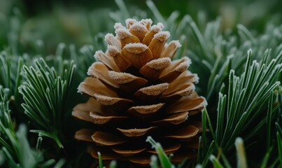 Fototapeta premium Close up of pine cone among needles in natural outdoor environment