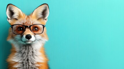 A charming fox wearing glasses poses for the camera against a bright teal background, symbolizing intelligence and curiosity while showcasing cute and playful animal imagery.