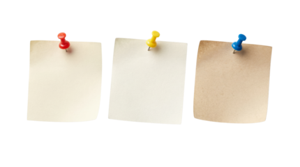 Three blank paper notes with colorful pushpins on white background