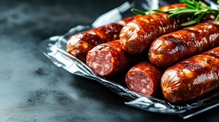 An appetizing display of various smoked sausages garnished with fresh herbs, highlighting culinary craftsmanship and the appeal of gourmet food experiences.