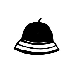 Fototapeta premium Vector doodle illustration o Panama hat on a white background. This black, hand-drawn headwear is perfect for hiking. It's a classic accessory for leisure and travel.