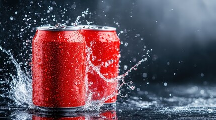 Two red beverage cans burst with refreshing liquid as water splashes around them, creating an invigorating and dynamic atmosphere against a dark background.