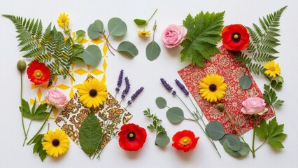 Floral Elegance: A curated composition of vibrant flowers, delicate leaves, and intricate fabrics, creating a visually rich tapestry of natural beauty and artistic design.