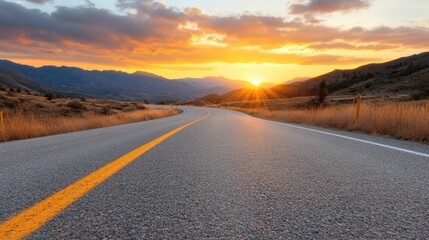 A picturesque winding road stretches towards a breathtaking sunset, inviting viewers to embark on a journey through serene landscapes bathed in warm golden and orange hues.