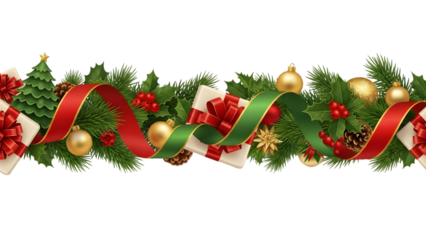 Ornate Christmas garland with red and silver ornaments pine needles and ribbons intricate decorative border centered on a transparent background

