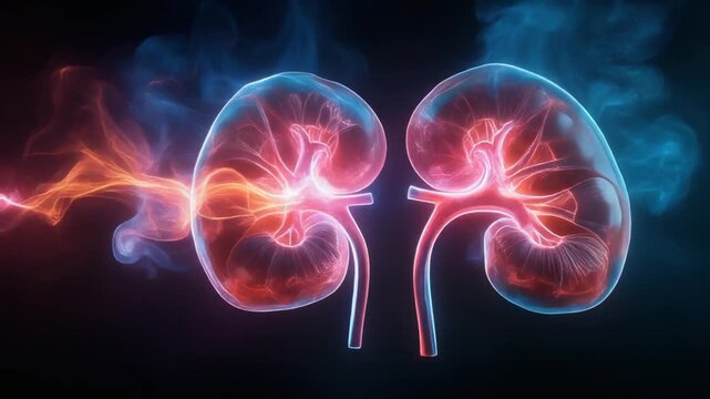 Pairs of neon kidneys glow with orange and blue hues, connected ureters, dark atmospheric backdrops!