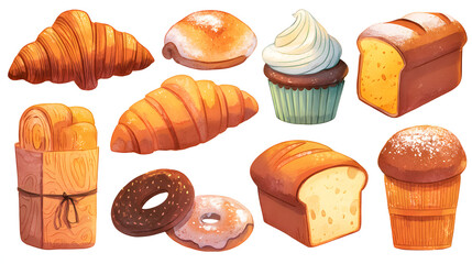 A variety of freshly baked bread and pastries arranged on a white background