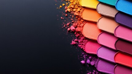 A stunning array of colorful makeup powders arranged in a gradient, showcasing a vibrant color palette perfect for any beauty enthusiast or makeup artist.