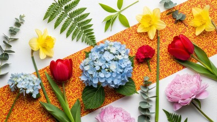 Colorful spring flowers arranged on a white surface with an orange decorative ribbon