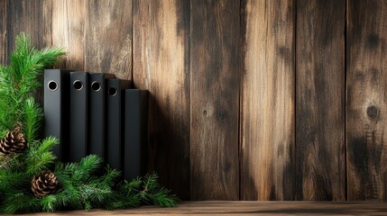 A collection of black binders arranged against a rustic wooden background, complemented by festive pine and pinecones, which adds a seasonal touch.