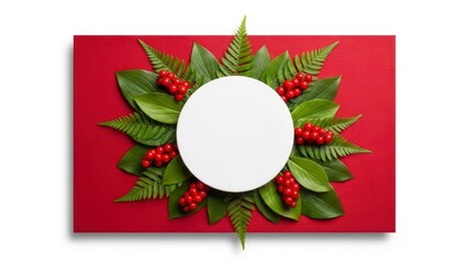 A festive natural frame with red berries and green leaves around a central white circle on a red background