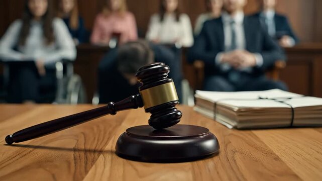 Close up of a wooden gavel and legal documents on a table with blurred jury in background. Depicts law, justice and judgement in a courtroom.