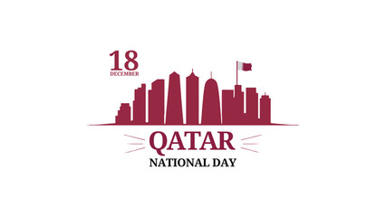Minimalist Qatar National Day Skyline Illustration with Maroon Flag Silhouette Soft Sunset Yellow Gradient Sky for Celebration Poster and Cultural Event Background