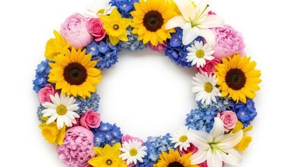 A beautiful spring and summer flower wreath with colorful blooms on white background