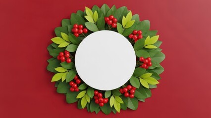 A festive christmas wreath with green leaves and red berries framing a white circle on a red background
