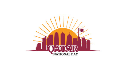 Minimalist Qatar National Day Skyline Illustration with Maroon Flag Silhouette Soft Sunset Yellow Gradient Sky for Celebration Poster and Cultural Event Background