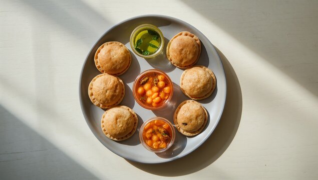 Pani puri with crisp hollow shells, tangy spiced water, fresh fillings, and bold street-food flavor, vibrant Indian snack with lively textures and clean appetizing presentation
