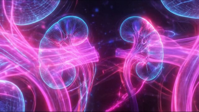 Two neon jellyfishlike forms glow in electric pink and blue amid cosmic streaks and ribbons radiant