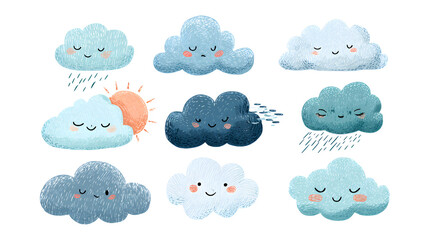A collection of cute cartoon clouds in various shades of blue and white with smiling faces