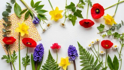Assorted spring wildflower border including red poppies and purple hyacinths framing a central white space for text presentation.