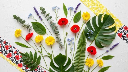 Assorted tropical leaves and bright seasonal wildflowers scattered loosely on white with decorative ribbons for social media banners.