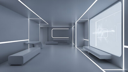Minimalist futuristic interior with glowing white light accents and digital screen display