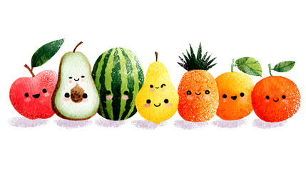 A colorful illustration of various fruits with cute faces on a white background