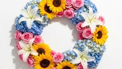 Colorful floral wreath featuring sunflowers, roses, lilies, and blue hydrangea blossoms set against a clean white background for display.